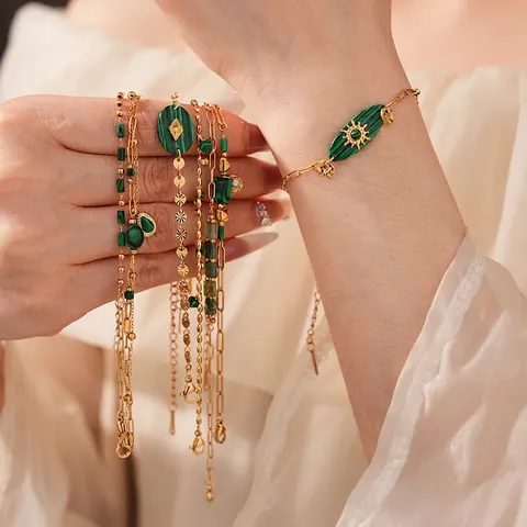 Vintage Stainless Steel Bracelet For Women With Green Malachite 18K Gold Plated S925 Tag Bohemian Jewelry