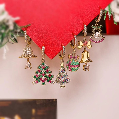 Boucles d'Oreilles Pendantes Sapin de Noël Cloche Nœud pour Femmes Cuivre Plaqué Or Argent Zirconia Bijoux Fête Noël