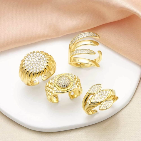 Goldbeschichtete Kupfer Offene Ringe Mit Zirkon Verstellbare Vintage Geometrische Blatt Lagen Finger Schmuck Damen