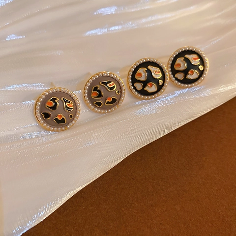 Pendientes De Botón Redondos Esmalte Leopardo Con Poste De Plata De Ley 925 E Imitación De Perla Artificial Retro Francés