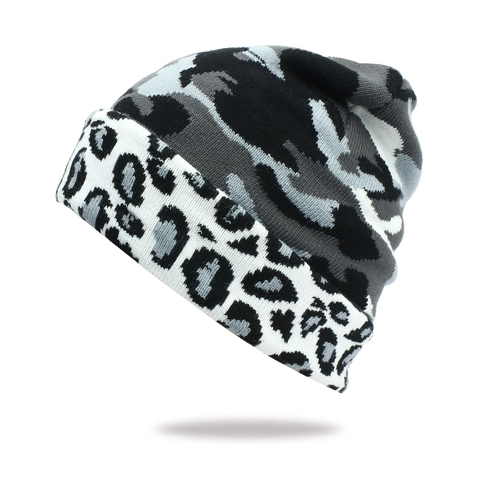 Berretto Maglia Acrilico Jacquard Camouflage Stampa Leopardata Caldo Inverno Risvolto Per Uomini Donne