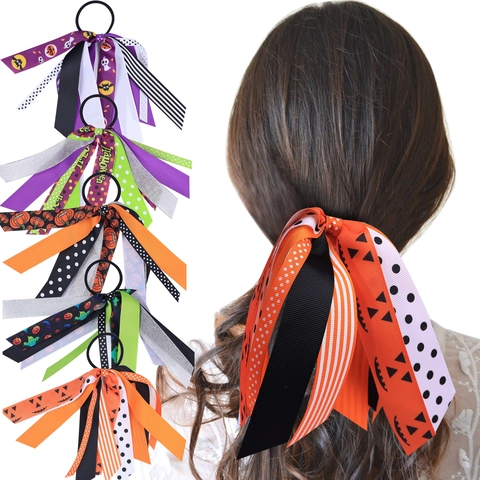 Kids Halloween Hair Ties Streamer Ribbon Bows Pumpkin Bat Ghost Patterned Elastic Ponytail Holders Girls Festival Accessories