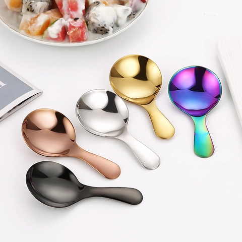 Round Dessert Spoon 304 Stainless Steel Short Handle Ice Cream Coffee Spoon Mirror Polished Colorful Tea Mini Spoon