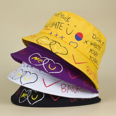 Unisex Streetwear Graffiti Καπέλο Bucket Βαμβακερό Προστασία από τον Ήλιο Γράμματα Καρδιά Εκτύπωση για Ταξίδι Outdoor Casual