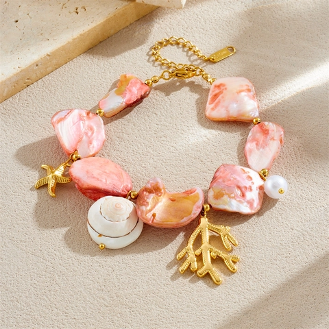 Collar Y Pulsera Serie Océano Acero Inoxidable Chapado En Oro Coral Estrella De Mar Concha Perlas Joyas Playa Mujeres