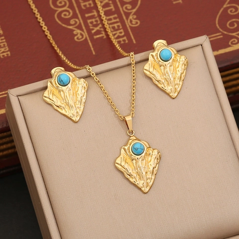 Set Di Gioielli In Acciaio Inossidabile Con Pietra Turchese Collana E Orecchini Retro Geometrico Forma Cuore Donne