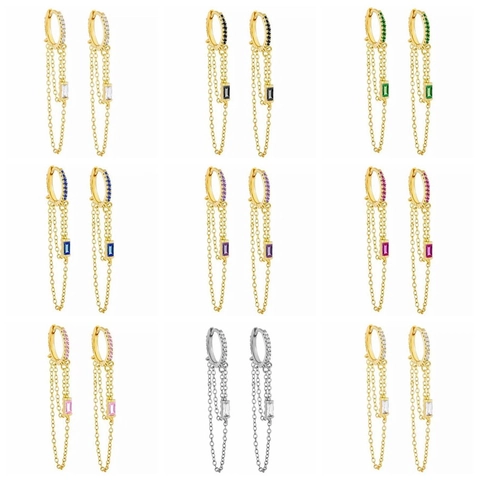 Colorful Zircon Tassel Chain Hoop Earrings With 925 Sterling Silver Earring Post Copper Dainty Jewelry For Women