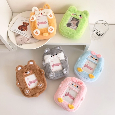 Cartoon Tier Plüsch Fotokartenhalter Etui Mit Schlüsselanhänger Tragbares Hohlfenster Katze Frosch Bär Für Mädchen Taschenanhänger