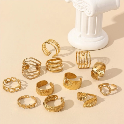 Boho Verstellbarer Offener Ring 18K Vergoldeter Edelstahl Schlange Herz Stern Böser Blick Retro Vintage Schmuck Damen