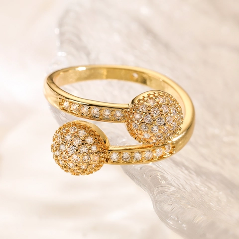 Geometrischer Offener Ring Kupfer Vergoldet Mit Zirkonia Pavé Doppelball Verstellbarer Modeschmuck Damen