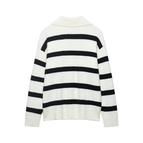 Maglione In Maglia Da Donna A Righe Bianche Nere Scollo A V POLO Manica Lunga Casual Chic Top