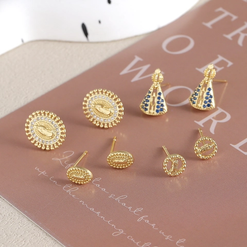 Virgin Mary Religious Stud Earrings With 925 Sterling Silver Earring Post Zircon Inlaid Gold Plated Copper For Women