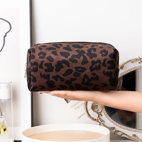 Trousse De Maquillage Imprimé Léopard Grande Capacité Sac Cosmétique Voyage Polyester Fermeture Éclair Organisateur