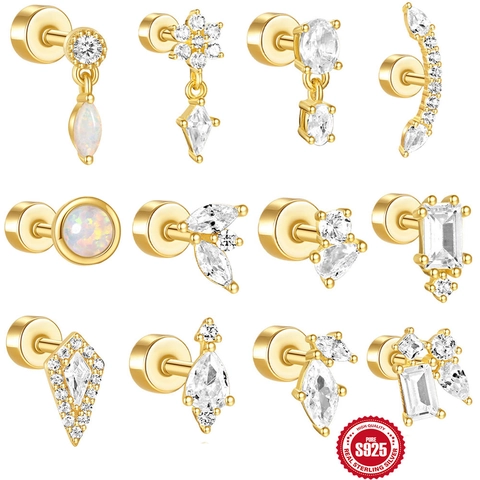 Helix Kraakbeen Stud Oorbel 925 Sterling Zilver Verguld Opaal Zirkoon Geometrisch Platte Achterkant Schroef Sieraden