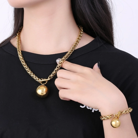 Chunky Wheat Chain Necklace And Bracelet Stainless Steel Polished Ball Pendant Toggle Clasp Hip Hop Bold For Women Men