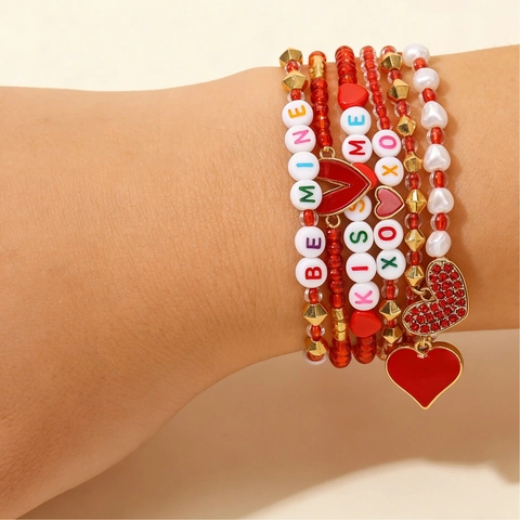 Valentijnsdag Hart Kralen Armband Voor Vrouwen Rood Goud Legering Polymeerklei Liefdesbrief Kiss Me Romantische Sieraden Cadeau
