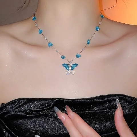 Collana Con Ciondolo A Farfalla Con Künstliche Perle Di Vetro Strass Blu Elegante Gioielli Da Donna