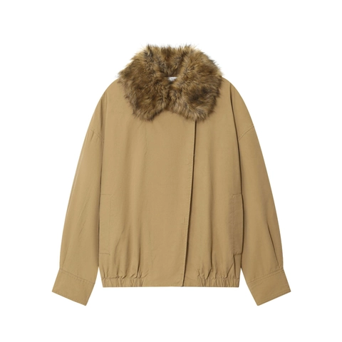 Chaqueta Bomber Para Mujer Con Cuello De Piel Sintética Caqui Cremallera Ajuste Holgado Streetwear Casual Bolsillos