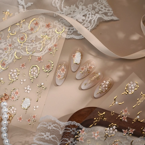 Embossed Plastic Nail Art Stickers Golden Edged Cherry Blossom Flowers Lace Artificial Pearl Decorations Vintage Manicure Decals