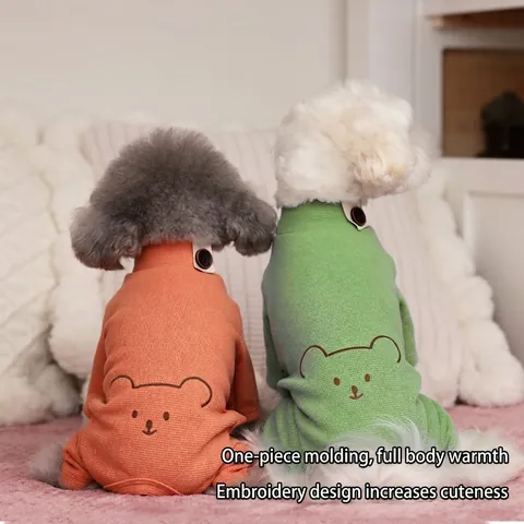 Cartoon Bear Pattern Dog Jumpsuit Pajamas Knit Cotton High Neck Button Four Legged Warm Soft Clothes For Small Dogs