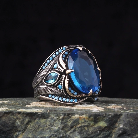 Vintage Herren Ring Mit Blauem Strass Antik-Finish Punk Bohemian Stil Mode Herren Schmuck Fingerring