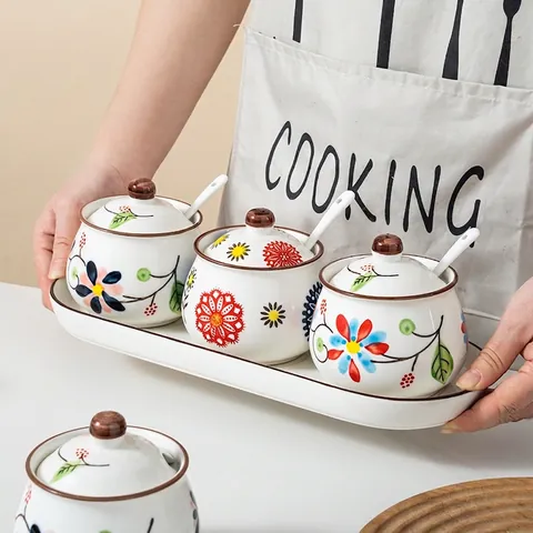 Ceramic Spice Jar Hand Painted Underglaze Seasoning Pot Floral Pastoral Style With Lid And Spoon Condiment Container