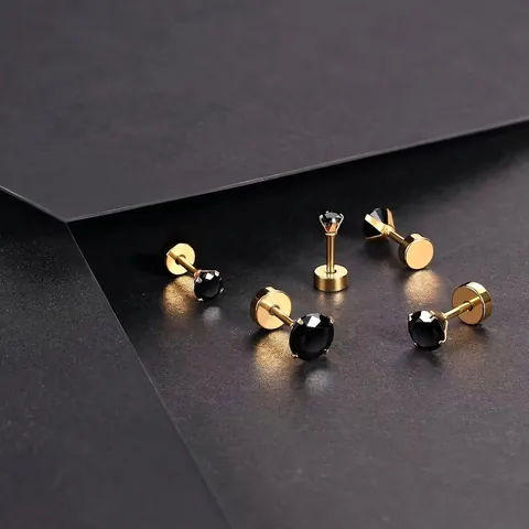 Stainless Steel Round Zirconia Stud Earrings Four Prong Flat Back Hypoallergenic Piercing Jewelry For Women Men Daily