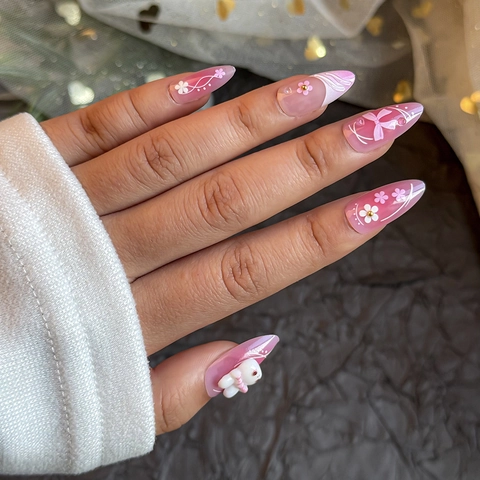 Almond Press On Nails Pink Purple Gradient With Bunny And Flower Bow Resin Sweet Fairy Style Artificial Fingernails