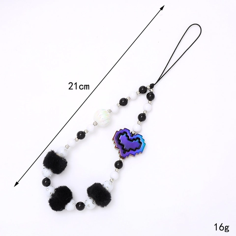 Handmade Beaded Phone Charm With Plush Balls Pixel Heart Pendant Fashion Anti-Drop Wrist Lanyard Tech Accessories For Women