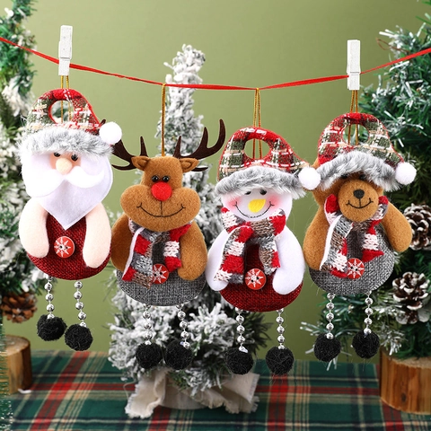 Plush Christmas Hanging Ornaments Santa Snowman Reindeer Bear Figures Long Bead Legs Plaid Hats Xmas Tree Decoration