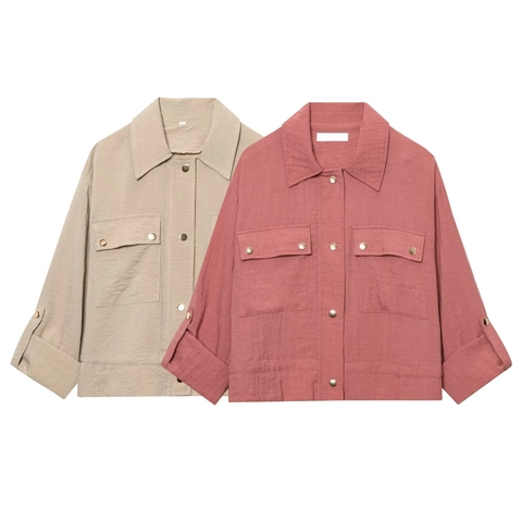 Veste Courte Femme Polyester Aspect Lin Cargo Casual Revers Doubles Poches Boutons Métalliques Manches Longues Style Preppy