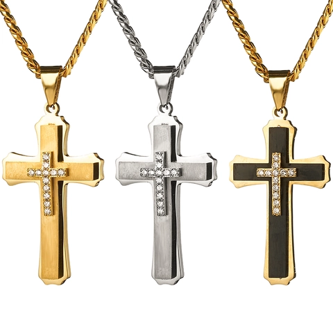 Heren Roestvrijstalen Kruis Hanger Ketting Dubbele Laag Met Zirkonia Ingelegd Hip Hop Cubaanse Schakelketting Sieraden