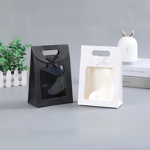 Elegant Cardboard Gift Bag With Transparent Window And Bow Ribbon Flip Cover Handheld For Wedding Party Favors