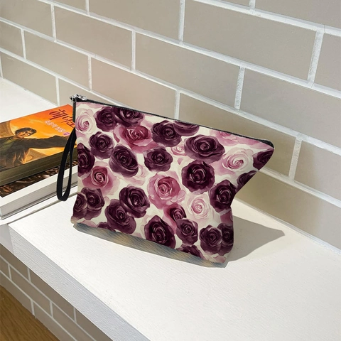 Borsa Da Trucco Stampa Rose Viola Lino Pochette Cosmetici Portatile Viaggio Organizzatore Con Cerniera Cinturino Polso