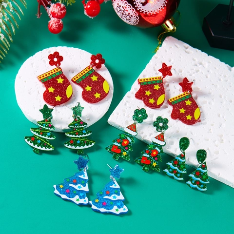Orecchini Cartone Animato Di Natale Acrilico Glitterato Forme Albero Calza Guanto Accessori Festa Per Donne
