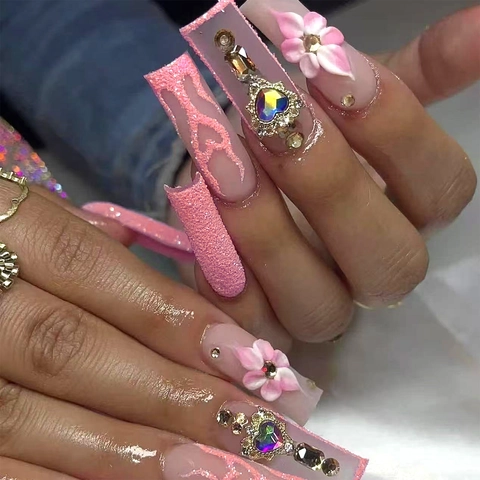 Extra Lange Coffin Press On Nails Roze Hart Strass 3D Bloem Mat Glitter Kunstnagels Luxe Zoet