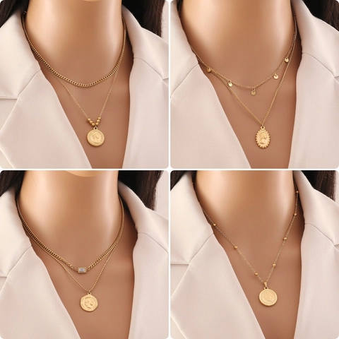 Stainless Steel Necklace Layered Coin Pendant Portrait Relief Retro Gold Plated Jewelry For Women
