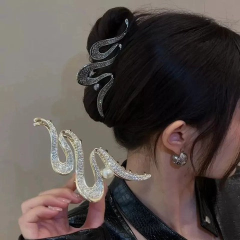 Alloy Rhinestone Hair Claw Clip Wave Shape Faux Artificial Pearl S-Curve Large Non-Slip Shark Clamp Hair Accessories For Women