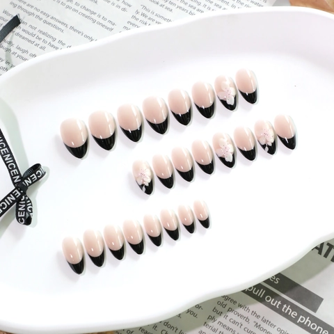 Press On Nails French Black Tips 3D White Flower Almond Shape Glossy Elegant Fake Nails Manicure For Women
