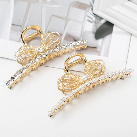 Pinza Per Capelli Elegante Fiocco Lega Metallo Perla Artificial Strass Clip Squalo Moda Coreana Accessori Per Capelli Donna