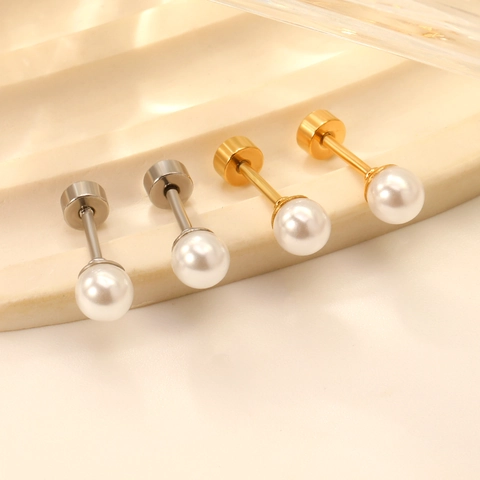 Artificial Pearl Stud Earrings Stainless Steel Flat Back Screw On Minimalist Hypoallergenic Piercing Jewelry For Women