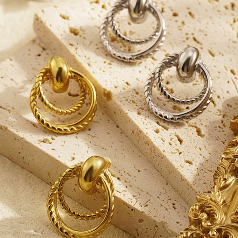 Geometrische Twist Creolen Roestvrij Staal Vintage Drievoudige Ring Oorbellen Voor Dames Retro Metalen Mode