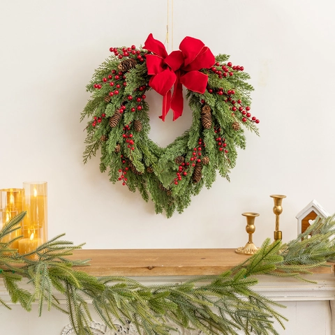 Heart Shaped Christmas Wreath With Red Berries Pine Cones Large Bow Artificial Greenery Door Hanging Festival Decor