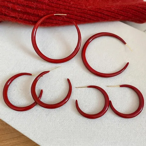 Red Enamel C-Shaped Hoop Earrings With 925 Sterling Silver Earring Post Retro Style Elegant Jewelry For Women