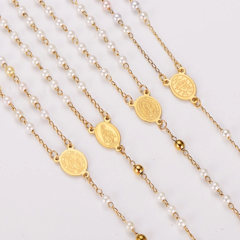 Rosary Necklace Stainless Steel 18K Gold Plated Faux Artificial Pearl Cross Pendant Virgin Mary Medal Religious Jewelry