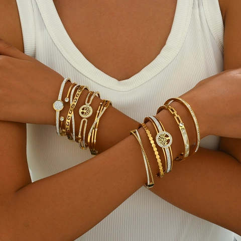 Stainless Steel Tree Of Life Hollow Meander Bangle For Women Inlaid Rhinestone Gold Silver Color Adjustable Cuff Bracelet