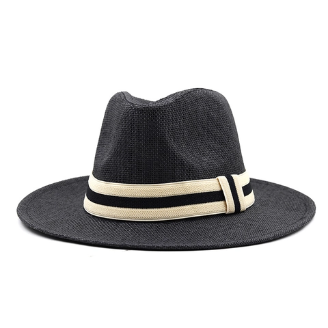 Straw Fedora Hat Summer Beach Sun Protection Breathable Jazz Style Wide Brim Paper Straw Hat With Striped Ribbon Band