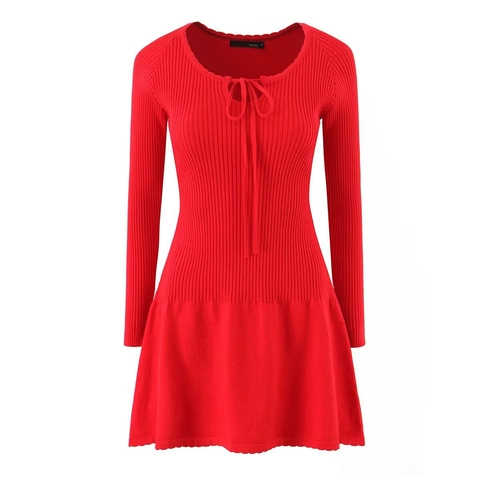 Vestido Corto De Punto De Manga Larga Elegante Cuello Redondo Con Lazo Ajuste Delgado Dobladillo Acampanado Color Sólido Para Mujeres