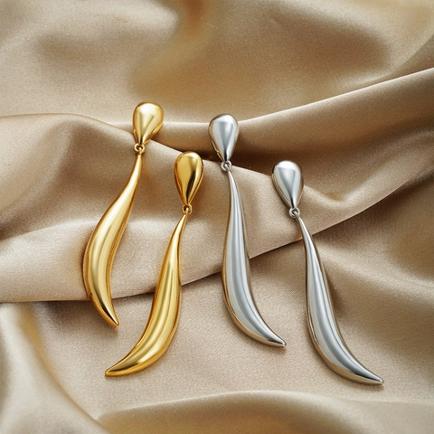 Orecchini Pendenti Lunghi Rame Placcato Oro 18K Goccia D'acqua Linea Fluida Gioielli Minimalisti Di Alta Gama