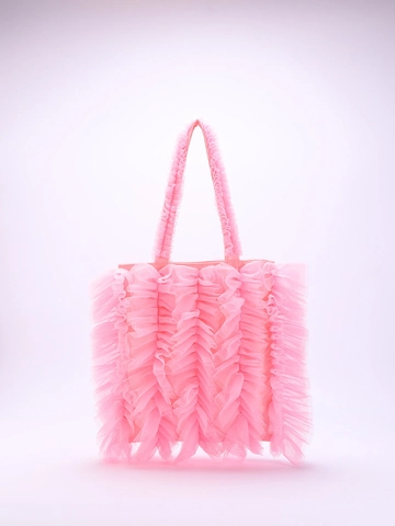 Bolso Tote de Malla Plisada Dulce para Mujer Bolso de Hombro Estilo Falda con Volantes Empalmados Verticales Bolso de Compras de Tul Suave